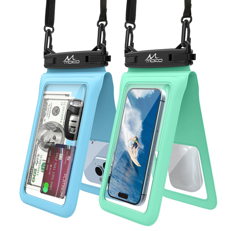 MoKo Double Case Waterproof Phone Pouch, 2Pack Waterproof Phone Case Dry Bag with Adjustable Lanyard Compatible with iPhone 15 14 Pro Max Galaxy S23 Ultra/Note 20 Ultra Up to 7 Inches, Blue+Green