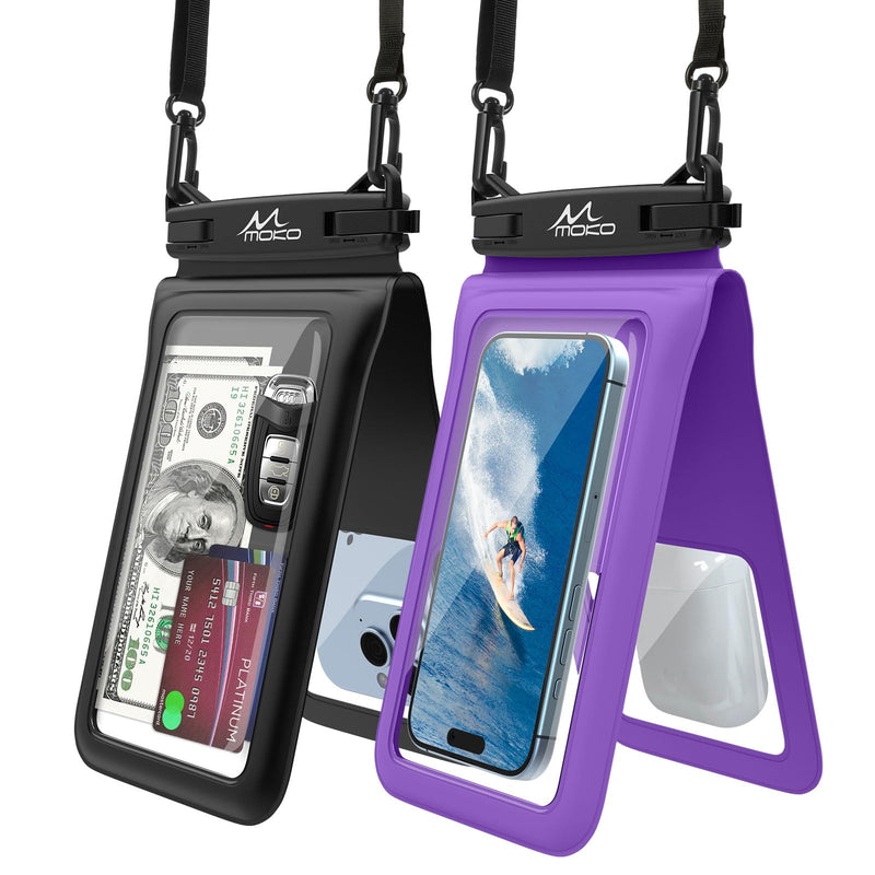 MoKo Double Case Waterproof Phone Pouch, 2Pack Waterproof Phone Case Dry Bag with Adjustable Lanyard Compatible with iPhone 15 14 Pro Max Galaxy S23 Ultra/Note 20 Ultra Up to 7 Inches, Black+Purple