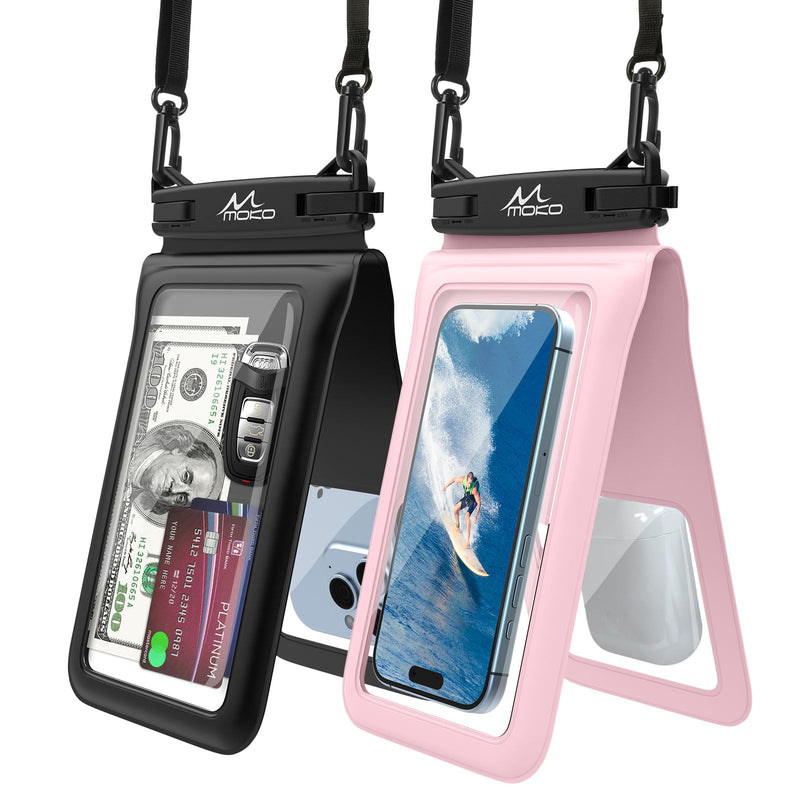 MoKo Double Case Waterproof Phone Pouch, 2Pack Waterproof Phone Case Dry Bag with Adjustable Lanyard Compatible with iPhone 15 14 Pro Max Galaxy S23 Ultra/Note 20 Ultra Up to 7 Inches, Black+Pink