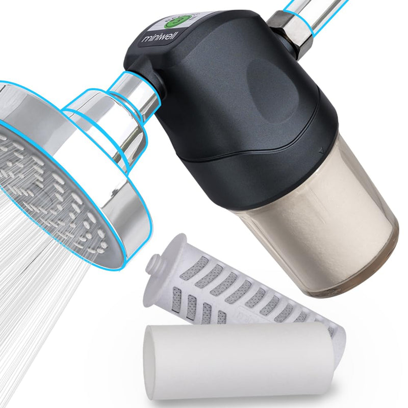Miniwell Shower Filter System - Purify Water, Reduce Hard Water and Chlorine, Soften Skin and Hair | Bathroom Filter for Contaminants (Black)