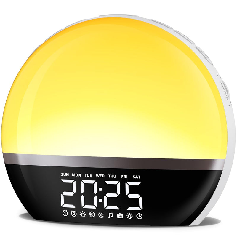 FM Radio Sunrise Alarm Clock Sound Machine Wake-Up Light Sunrise Sunset Simulation Adjustable Volume Brightness Sleep Aid 13 Colors 23 Sounds 28 Tunes Snooze Dual Alarm 4 Timers