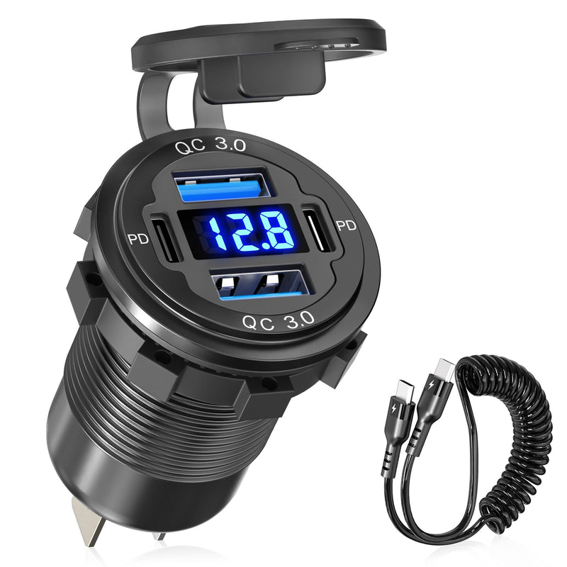 【Upgraded Version】 78W 12V USB Outlet Qidoe 4 Port Dual 30W PD & Dual Quick Charge 3.0 Aluminum USB 12V Charger Socket with Voltmeter USB C to USB C Cable Coiled 3FT Cord for Car Boat Marine RV