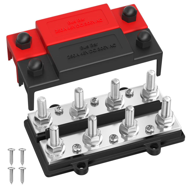 DualBus 250A Power Distribution Block 12V Dual Row Bus Bar 8 x 3/8" Terminal Studs, 6 x #8 Terminal Screws Positive and Negative Battery Bus Bar 250A Dual Bus 8 x 3/8" Studs, 6 x #8 Screws