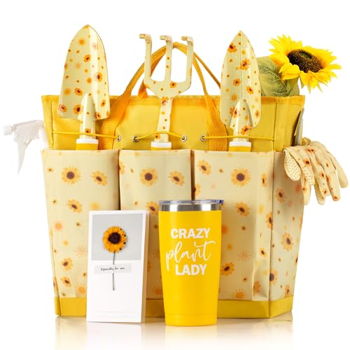 Sunflower Gardening Gifts for Women, Garden Tool Set, Heavy Duty Gardening Hand Tools with Garden Tool Bag,Yellow Crazy Plant Lady