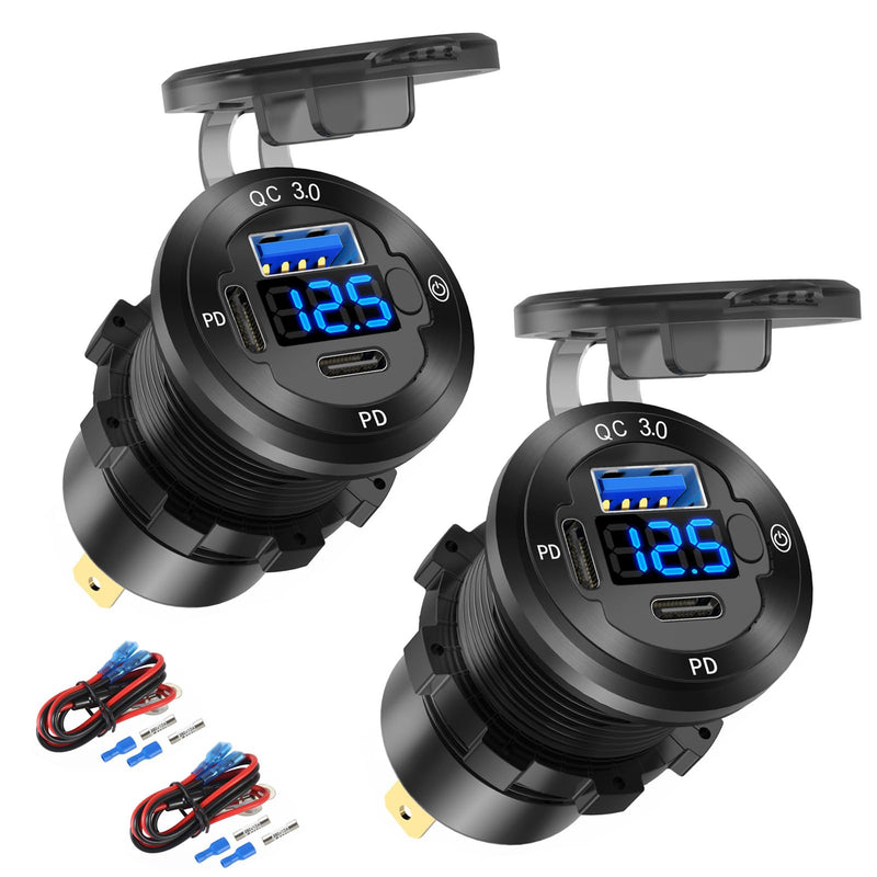 2 PACK 12V USB Car Socket Round USB C 12V Outlet, 3-Port Marine USB Fast Charger Waterproof Cigarette Outlet USB Replacement Aluminum with Switch & Voltmeter, Suitable for Boat Golf Cart RV Motorcycle