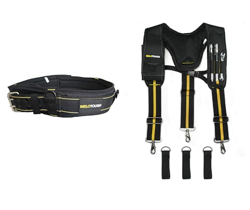 Padded Tool Belt with D ring for men construction Strong Durable Double Metal Roller Buckle + Tool Belt Suspenders for Work Belt Suspenders Heavy Duty Padded Suspender