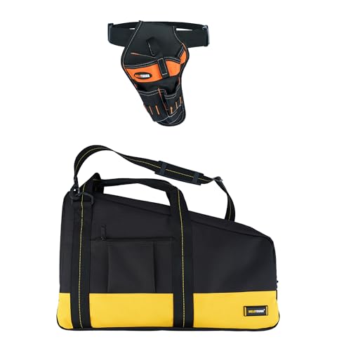 MELOTOUGH 1pcs Left Handed Belt Cordless Drill Holster for Tool Belt+1 pcs Heavy Duty Framing Nail Gun Tool Bag with Extra Storage Pockets Shoulder Strap