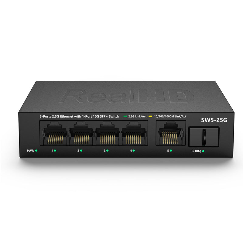 5 Port 2.5GB Ethernet Switch Unmanaged Network Switch | 5 x 2.5 Gigabit | 1 x 10G SFP+ | Multigig Switch 10-100-1000Mbps | 45G Bandwidth | Plug & Play | Fanless Metal Internet Switch 5 Port 2.5GB Switch Unmanaged