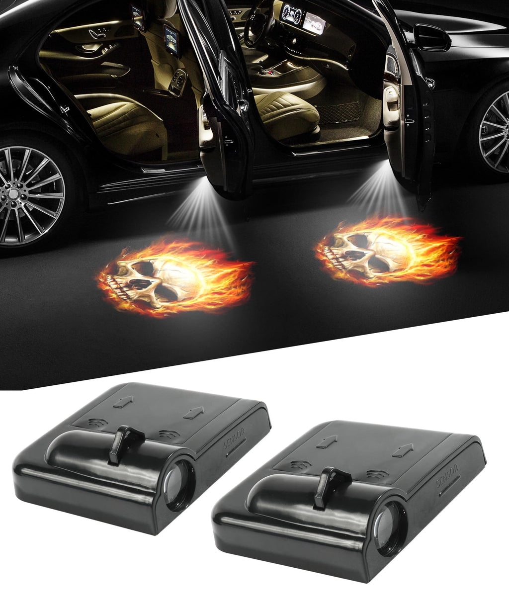 2Pcs Car Door Lights,Door Lights Logo Projector,Car Accessories HD Car Welcome Light,Door Sill Lights Wireless LED Door Paste Courtesy Light,Car Door Lights Logo (Fire Skull) Fire Skull