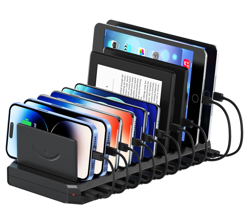 USB Charging Station for Multiple Devices, 10 Port 60W Multiple USB Charger Station with Adjustable Dividers, Fast Charging Station Hub for Hotels, Shops, Schools, Shopping Malls and Travel