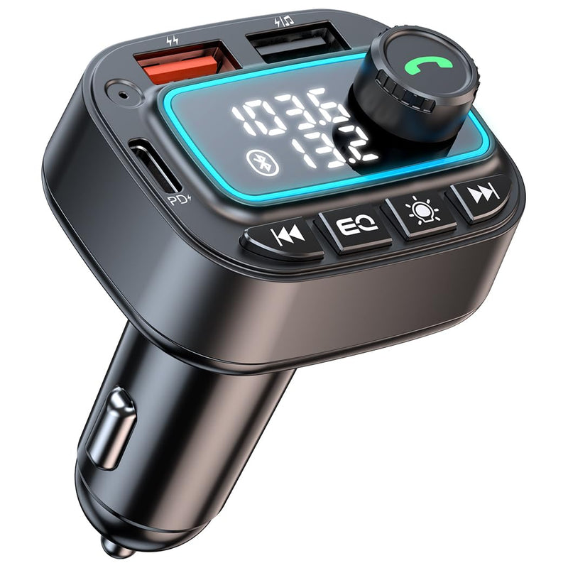 Bluetooth 5.3 Car Adapter FM Transmitter, 42W (PD30W & 12W) USB C Car Charger Wireless Radio Receiver, Hands-free Calling MP3 Audio Player Car Kit, Light Switch & Fast Charging & Deep Bass (Black) Black