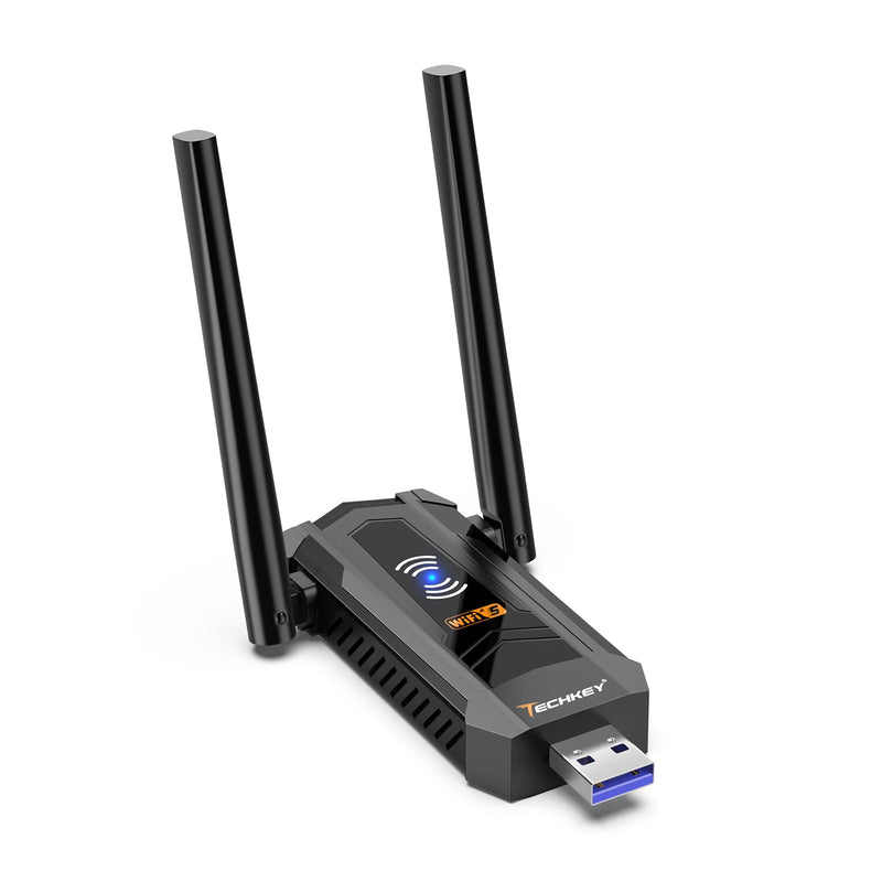 USB WiFi Adapter AC1300Mbps for pc - Techkey Dual 5Dbi High Gain WiFi Wireless Antennas Dongle Network Adapter with 2.4GHz/400Mbps 5GHz/867Mbps for Desktop Laptop Windows 11/10/8.1/8 1300Mbps Black