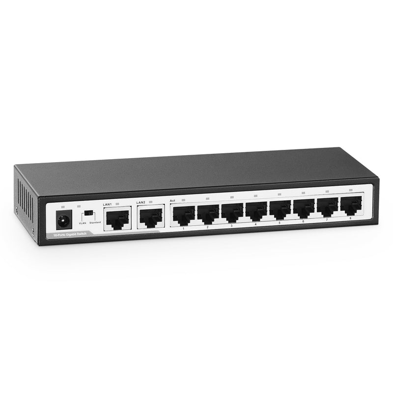 10 Port Gigabit Switch, 8 x 100/1000Mbps Ports, 2 Gigabit Uplink, Support Vlan, Metal Fanless Unmanaged Plug and Play YuLinca Ethernet Switch 10x1G