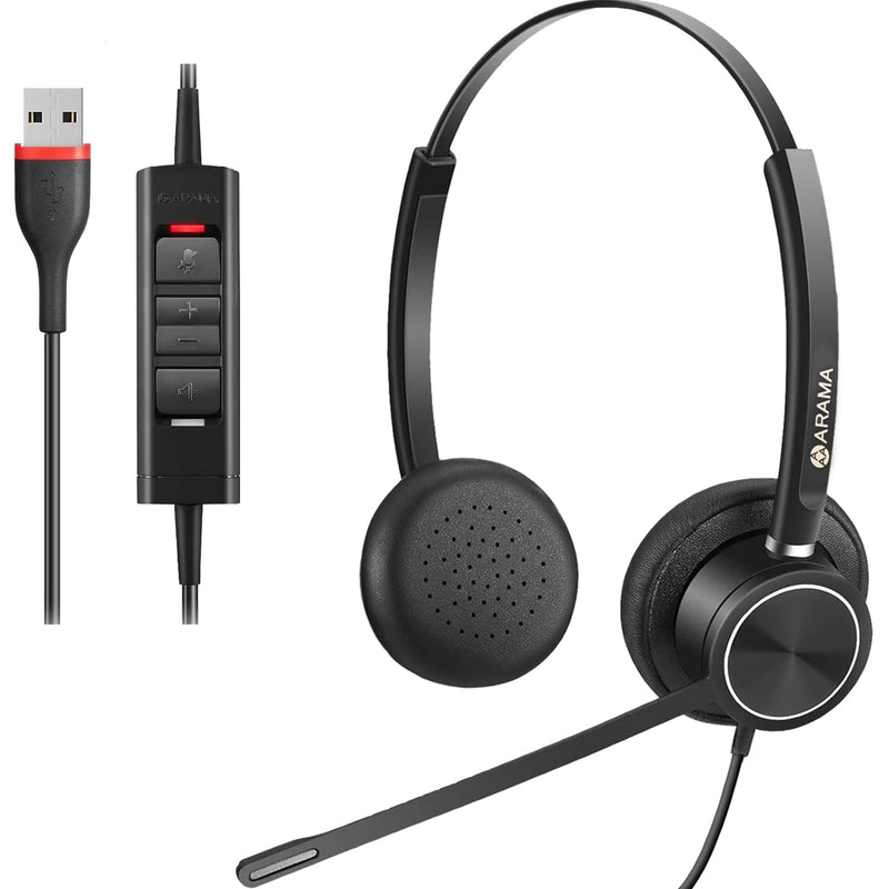Arama 2024 Upgraded USB Headset with Microphone Noise Cancelling & in-line Controls, Computer Headset with Microphone for Laptop PC Home Office Online Class Skype Zoom Clear Chat