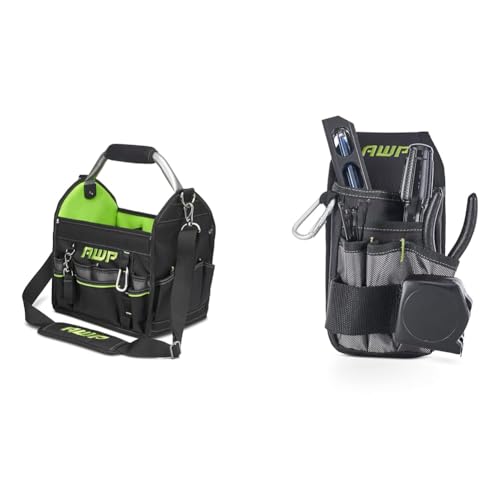 AWP 12 Inch Pro Tool Tote with Rotating Handle for Easy Tool Access, Water-Resistant Construction & Organizer Tool Pouch | 7 Pockets & Loops for Tool Organization