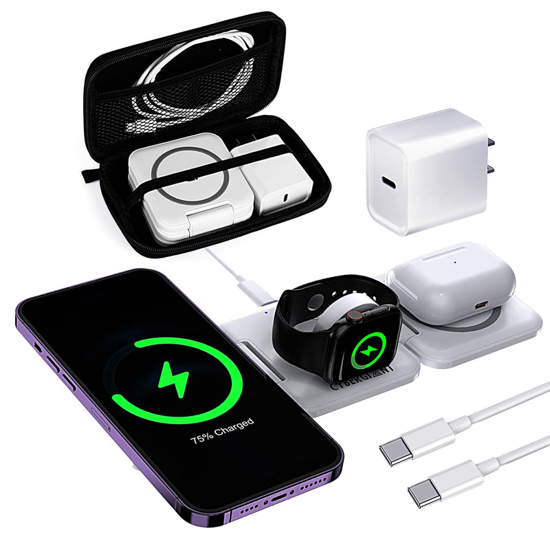 3 in 1 Wireless Charging Station for Apple Devices - Portable Foldable Magnetic Charger Stand for iPhone Airpods Apple Watch iWatch, Travel Charger for Multiple Devices w/Adaptor&Case