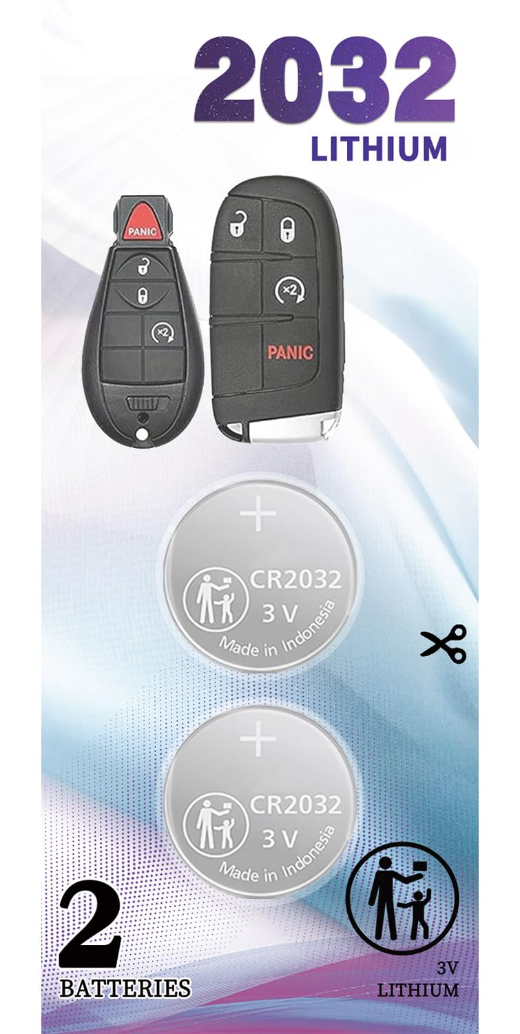 (2 Pack) CR2032 Smart Remote OEM Replacement for Jeep Key fob battery Dodge Chrysler Key fob fits 2008-2022 300 Challenger Durango Dart Grand Caravan Journey RAM Cherokee Routan Town