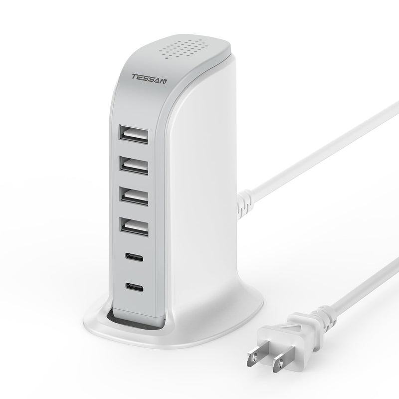 40W USB Charging Station for Multiple Devices, TESSAN Cell Phone Fast Charger Tower for iphone13/14/15, ipad, Tablet, Earphone with 6 USB Blocks(2 USB C) for Home Office Travel Accessories White