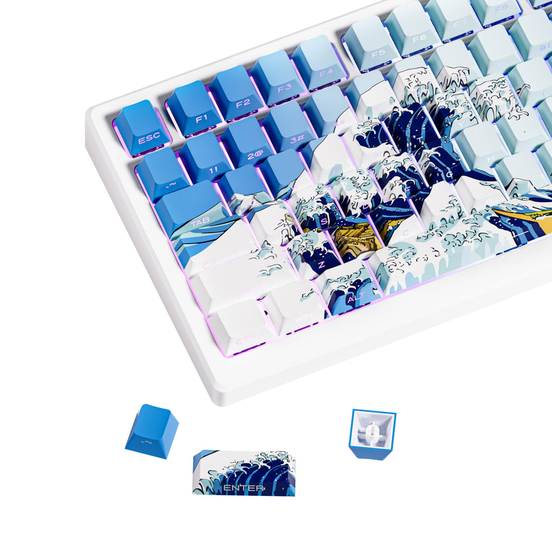 HITIME XVX Shine Through Keycaps, Side Print PBT Keycaps 75 Percent Dye Sub, 131 Keys Cherry Profile Custom Keycaps 60 Percent, Wave of Kanagawa Double Shot Keyboard Key caps for Mechanical Keyboards Blue Kanagawa Theme