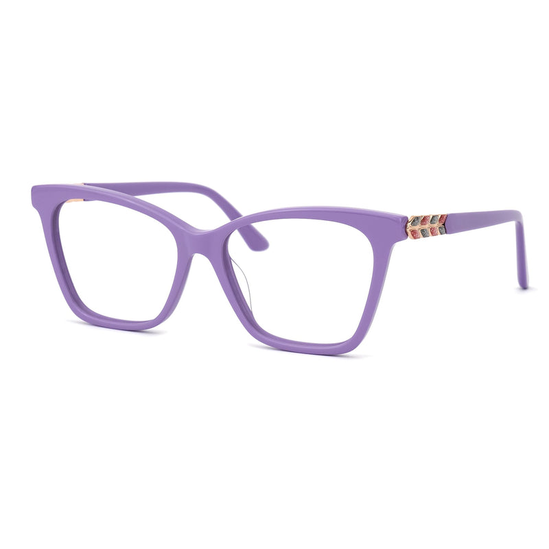 VOOGLAM Oversized Square Frame Fashion Glasses Anti-blue Light Women Wheat Head Rhinestones-7264 Purple Non-prescription Clear Lens