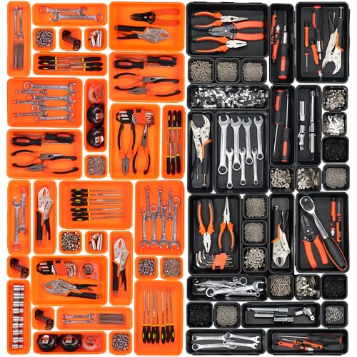 90 Pack Tool Box Organizer Tool Tray Dividers, Toolbox Drawer Organizers Storage Trays for Rolling Tool Chest, Work Bench Cabinet Bins, Parts Screw Nut Bolt Small Tools Organization - Black, Orange