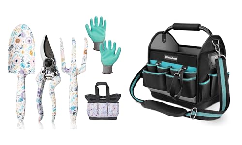 WORKPRO 5PCS Garden Tool Set & DURATECH 12 Inch Tool Tote with Waterproof Hard Bottom