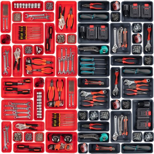 90 Pack Tool Box Organizer Tool Tray Dividers, Toolbox Drawer Organizers Storage Trays for Rolling Tool Chest, Work Bench Cabinet Bins, Parts Screw Nut Bolt Small Tools Organization - Grey & Red