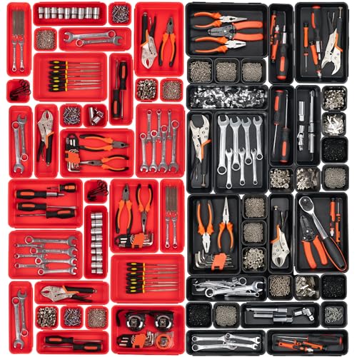 90 Pack Tool Box Organizer Tool Tray Dividers, Toolbox Drawer Organizers Storage Trays for Rolling Tool Chest, Work Bench Cabinet Bins, Parts Screw Nut Bolt Small Tools Organization - Black & Red
