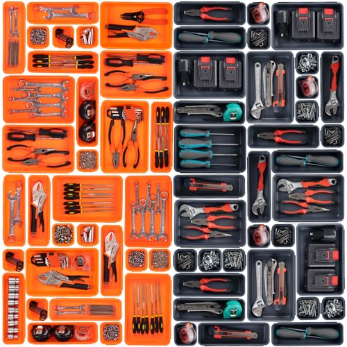 90 Pack Tool Box Organizer Tool Tray Dividers, Toolbox Drawer Organizers Storage Trays for Rolling Tool Chest, Work Bench Cabinet Bins, Parts Screw Nut Bolt Small Tools Organization - Grey & Orange