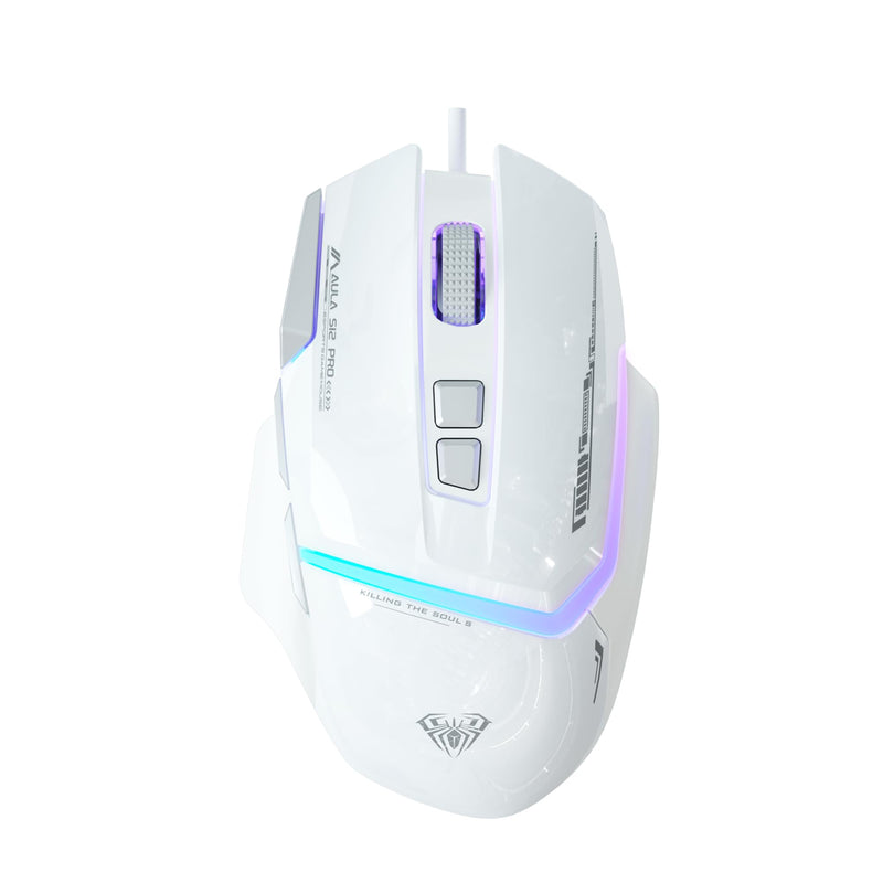 AULA S12Pro White Wired Gaming Mouse,12800 DPI Optical Gamer Mouse with RGB Backlit,8 Programmable Buttons,Software Supports DIY Keybinds Rapid Fire Button S12Pro-white