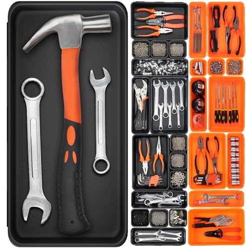 91 Pack Tool Box Organizer Tool Tray Dividers, Toolbox Drawer Organizers Storage Trays for Rolling Tool Chest, Work Bench Cabinet Bins, Parts Screw Nut Bolt Small Tools Organization - Black & Orange