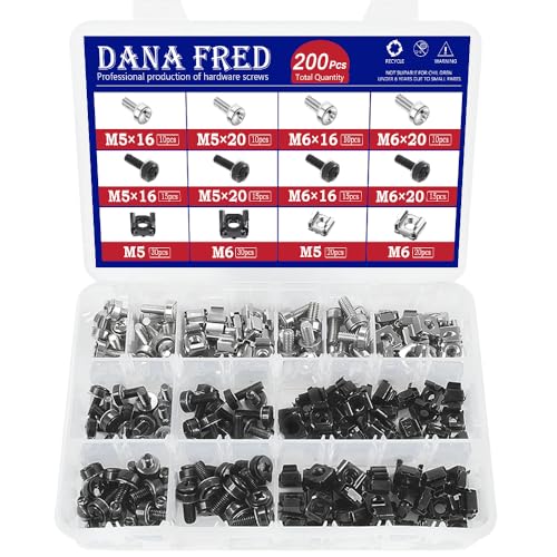 200pcs M6 Rack Screws Cage Nuts Kit,Cage Nut Mounting Screw Bolt Metric Square Hole Hardware for Rack Mount Server Shelves Cabinets Assortment Kit 304 Stainless Steel Black M5X16 M5X20 M6X16 M6X20