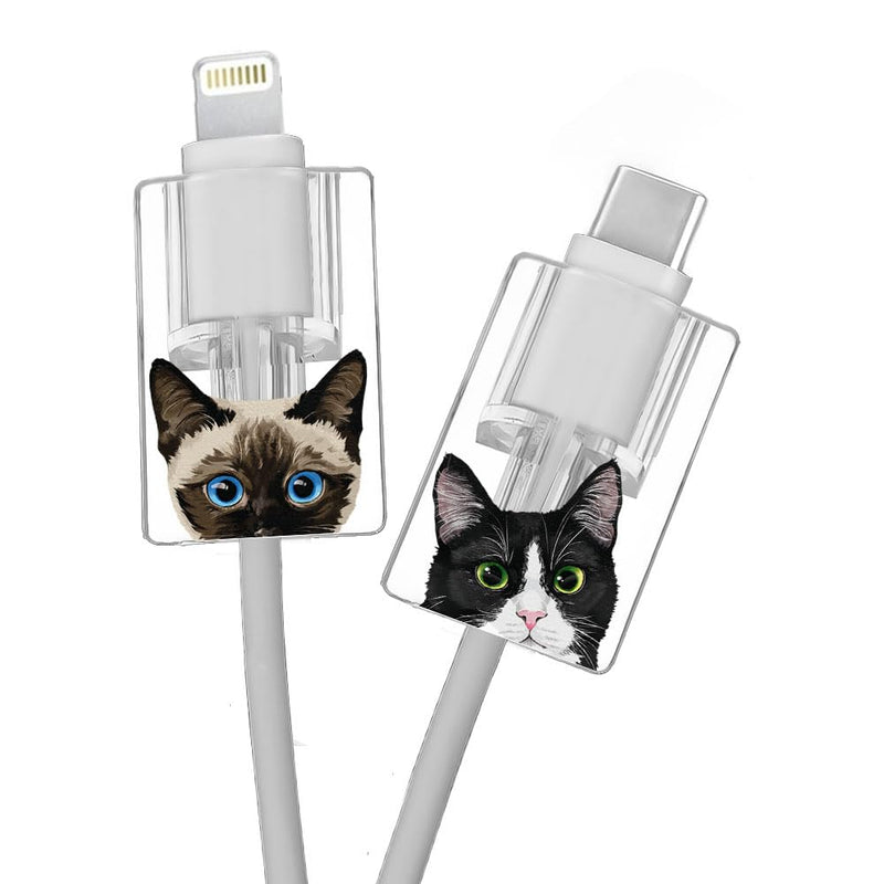 2 Pcs Set Cable Charging Head Protector Cover, Charging Cord Protector, Cute Cable Protectors for iPhone Charger Cable - Black White Tuxedo Cat, Siamese Kitten Cat