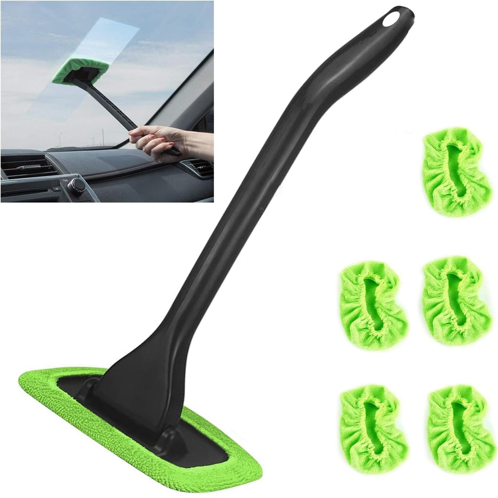 Windshield Cleaning Tool Windshield Cleaning Wand Auto Window Cleaner,5 Pieces Reusable Cloth Pads for Car Interior, Dirty Car Washing Brushes (Green) Green