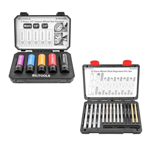 BILITOOLS 5 Piece 1/2 inch Drive Impact Lug Nut Socket Set and 14 Piece Master Wheel Hanger Alignment Pin Set
