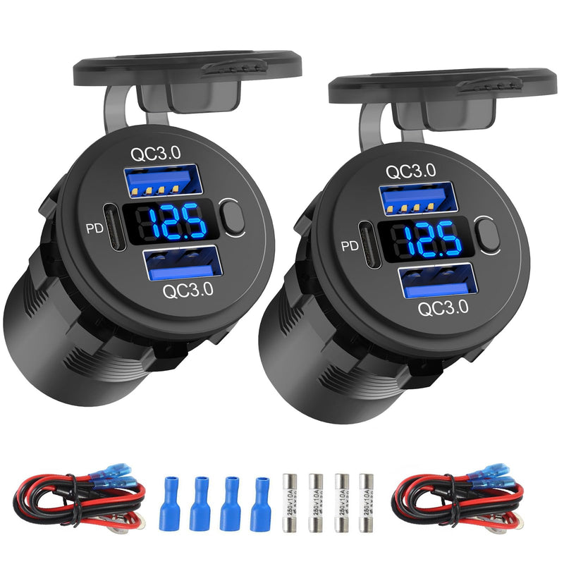 2 PACK 12 Volt USB Outlet Dual Quick Charge 3.0 Port and PD3.0 USB C Car Battery Chargers Socket, Waterproof 12V Power Outlet Cigarette Lighter Replacement DIY Kit with Voltmeter and Switch