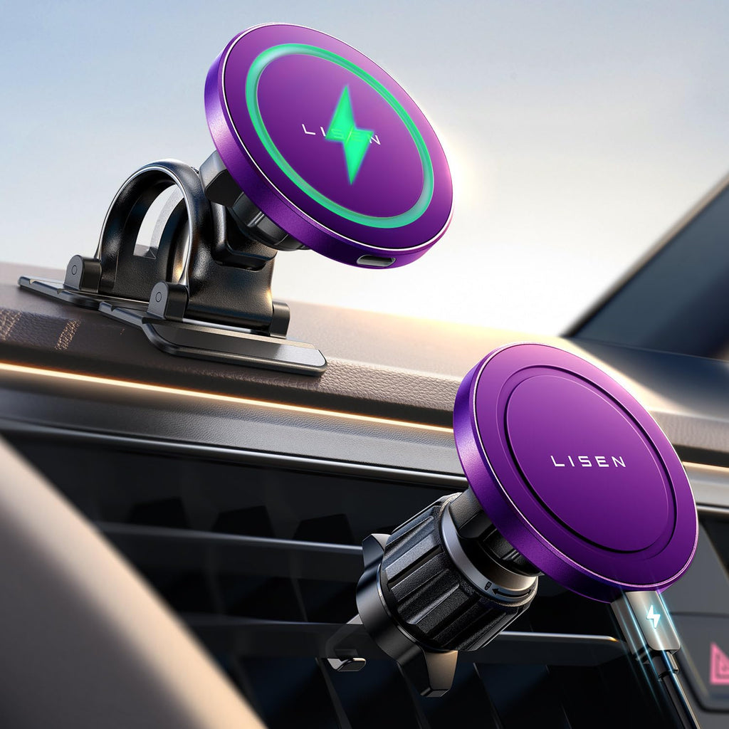 LISEN for Magsafe Car Mount Charger Dash,2 in 1 Magnetic Wireless Car Charger [Strong Magnet&15W] Magsafe Charging Mount Wireless Fast Charging for Magsafe Charger Fits iPhone 15 14 13 12,Purple Purple