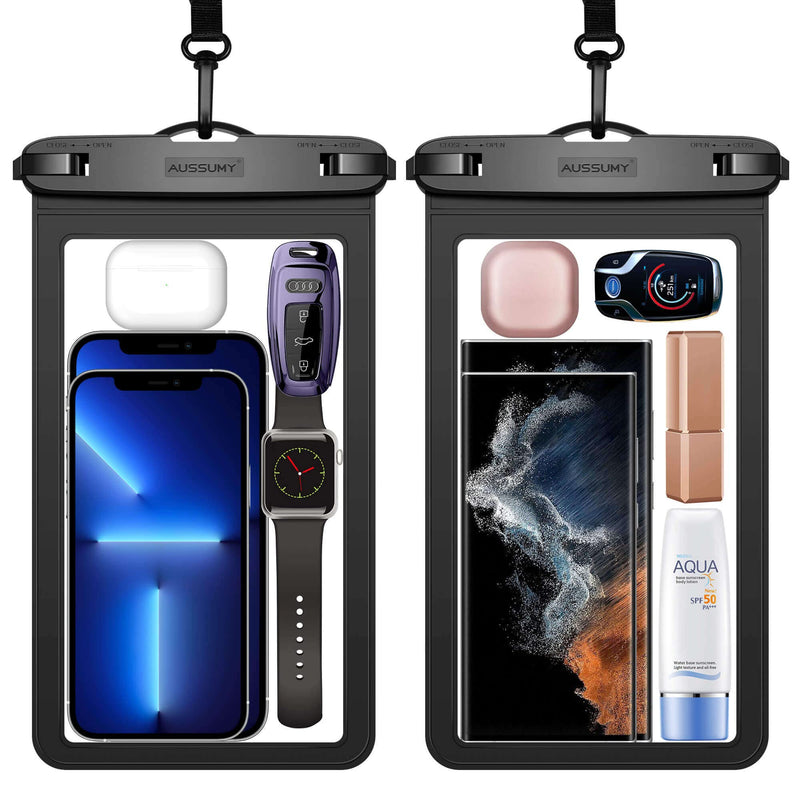 XL Large Waterproof Cell Phone Pouch 2-Pack: Underwater Clear Phone Holder Protector - Universal Water Proof Dry Bag Case with Neck Lanyard for iPhone, Samsung Galaxy, Beach, Swimming Pool Black+Black