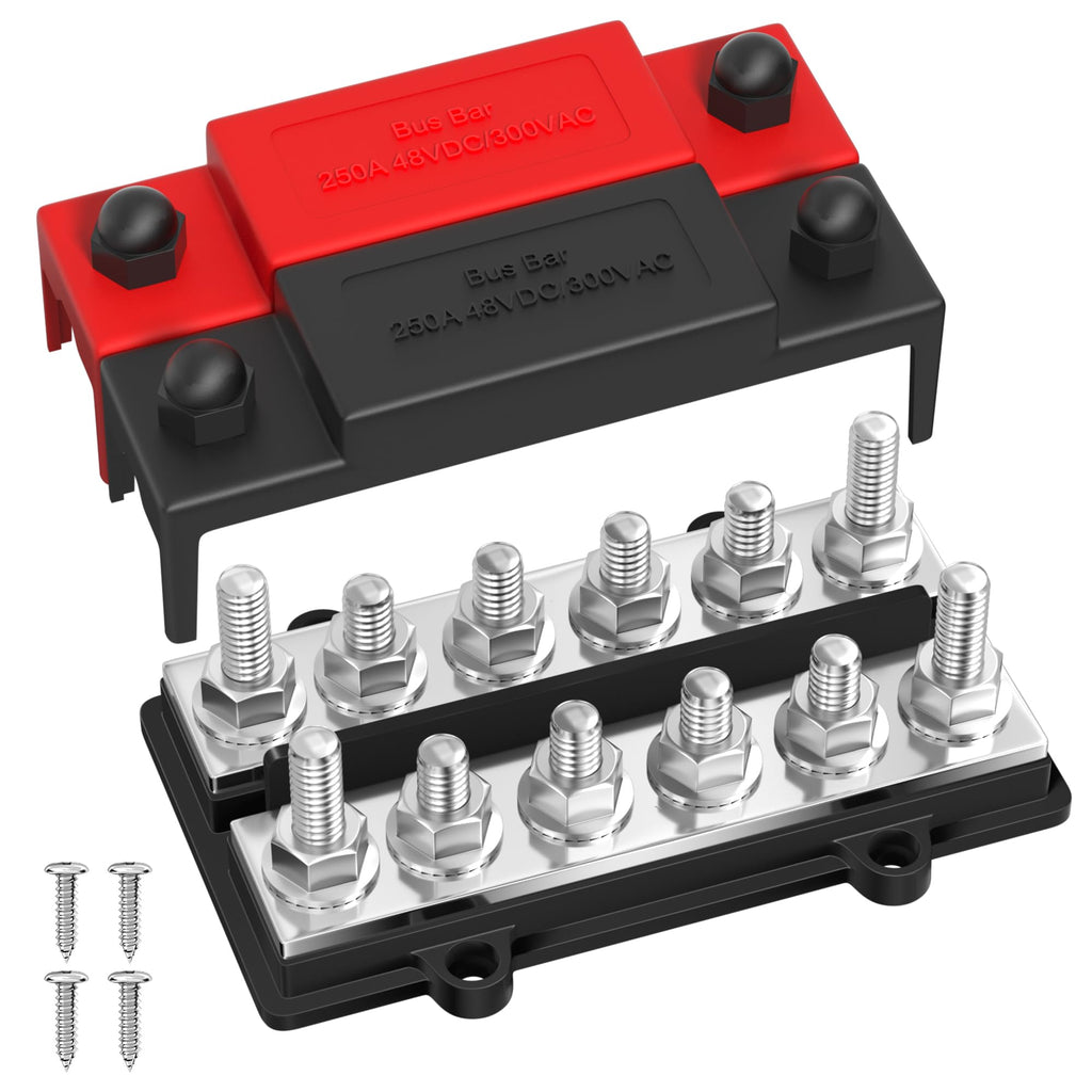 250A DualBus 12V Dual Row Bus Bar Power Distribution Block 12 x 5/16" Terminal Studs Positive and Negative Battery Bus Bar 250A Dual Bus 6 x 5/16" Studs