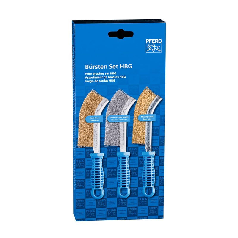 PFERD Tools HBG 43900005 Hand Brush Set with 1x Hand Brush with Trim Material Steel Wire (Brass-Plated), Stainless Steel Wire and Brass Wire Diameter 0.30 mm Curved for hard-to-reach areas