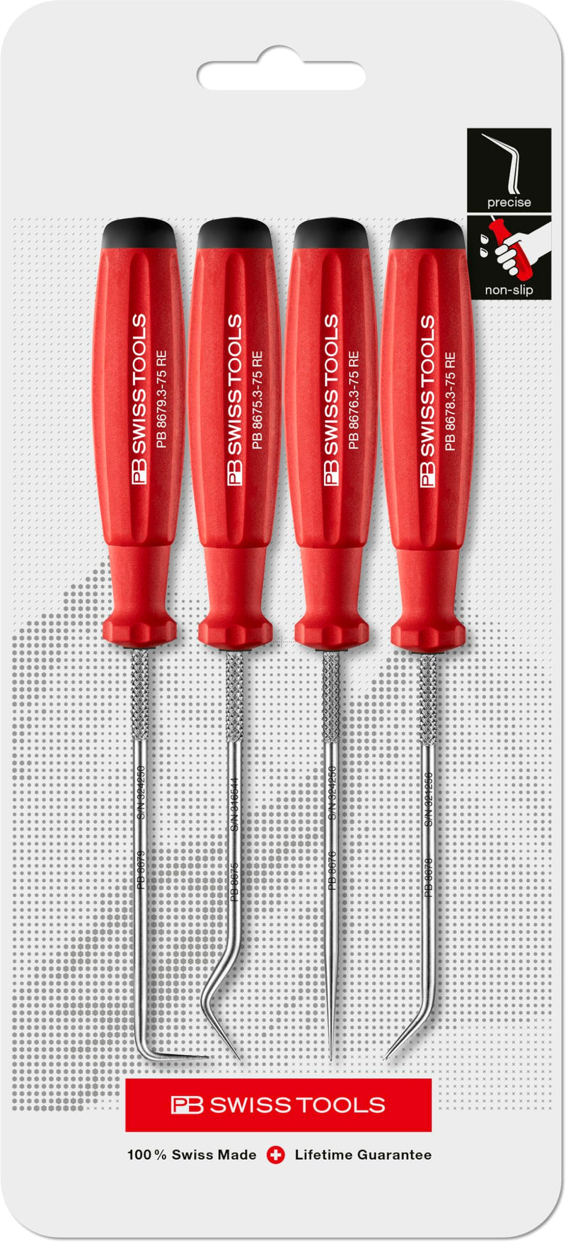 PB Swiss Tools Mini Pick Tool Set PB 8680.CN | 100% Swiss Made | 4-piece SwissGrip Hook Tool for Automotive, O-Ring, Brake, Motor, Gearbox Seal
