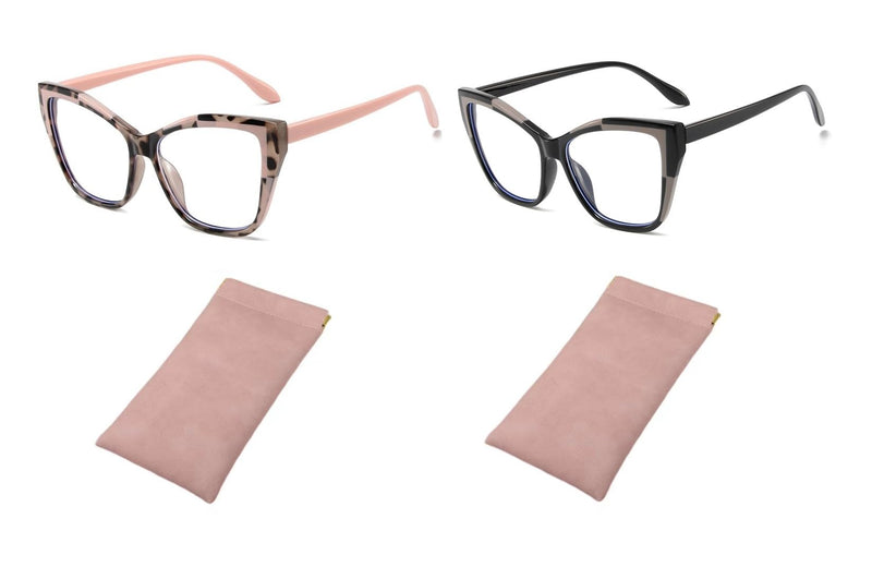 065 Women Cateye Blue Light Blocking Glasses,Computer Eyewear Non-Prescription Glasses Fashion Colorful Frame(2PACK) Pink Leopard /Black Grey