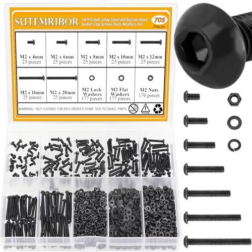 705 Pieces M2 Screws Nuts Washers Set Black, Sutemribor M2 x 4/6/8/10/12/16/20mm Button Head Socket Cap Screws Nuts Washers Assortment Kit, 10.9 Grade Alloy Steel, Fully Threaded M2 x 4/6/8/10/12/16/20mm Kit