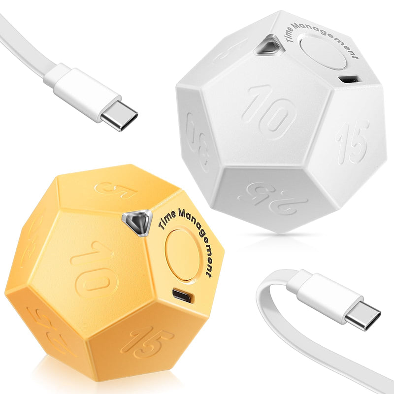Konohan 2 Pcs Cube Timer Rechargeable Mini Pomodoro Timer 11 Preset Time Desk Productivity with Sound Vibrate Light Alarm Flip for Time Management ADHD Workout Study Cooking, White and Yellow