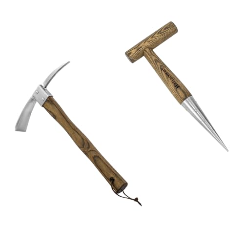 Hand Dibber with 5 inches Measuring Scale, Easy to Grip L-Shaped Wood Handle Dibbler, Stainless Steel Mattock with Sharp Pick and Cutting Edge for Breaking up Heavy Clay Soil