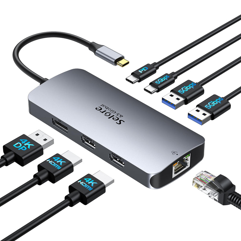 USB C Docking Station Dual Monitor, Selore Docking Station 3 Monitors Triple 4K Display with 2 HDMI, DisplayPort, 1 Gbps Ethernet, 100W PD Charging, USB 3.0 Ports Adapter for Dell, HP, Lenovo,etc Dual HDMI+DP