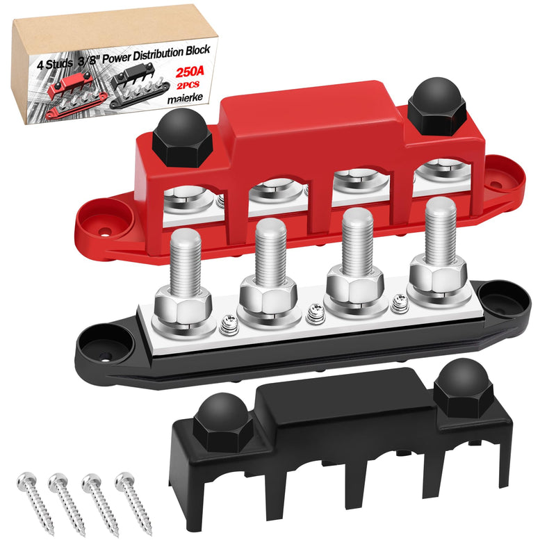 250A Bus Bar 12V Marine 4 x 3/8" (M10) Terminal Studs,3 x #8 (M4) Screw Terminal 12V-48V Power Distribution Block with Cover,Battery Bus Bar for Boat Automotive Car and Solar Wiring Type B