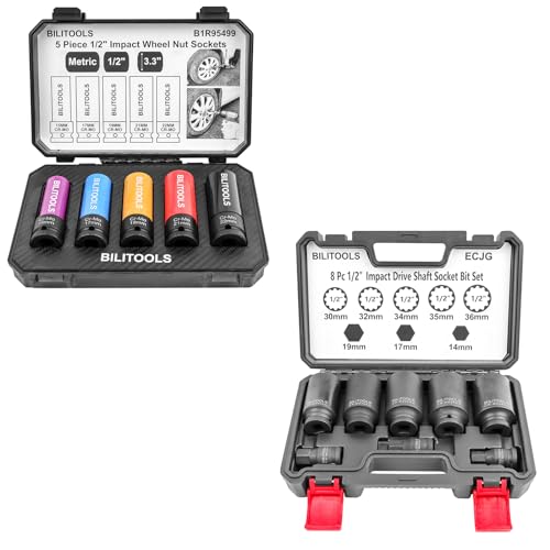 BILITOOLS 1/2 inch Drive Impact Lug Nut Socket Set& 1/2" Drive Deep Axle Nut Spindle Impact Socket Set | 12 Point | CR-MO | 14-17 - 19-30 - 32-34 - 35-36 mm