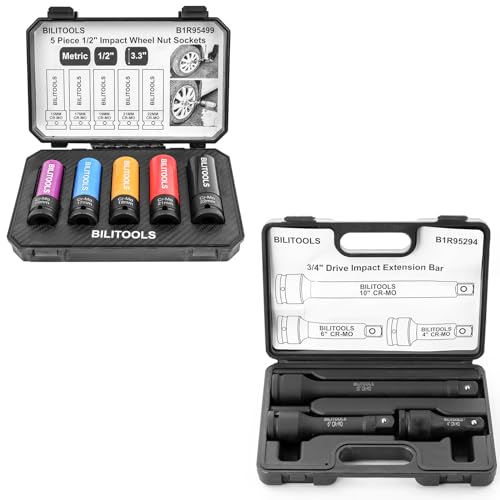 BILITOOLS 1/2 inch Drive Impact Lug Nut Socket Set&3/4 inch Drive Extension Set Impact Grade Socket Ratchet Extension Bar Set 4", 6", 10"