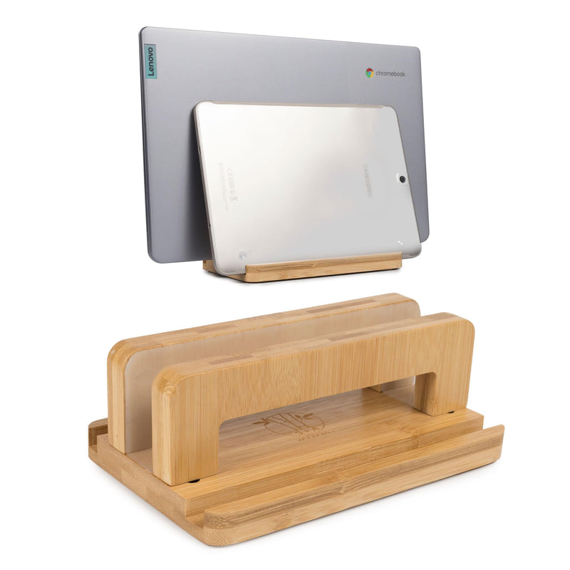 S&A WOODCRAFT 3 Slots Bamboo Wood Vertical Laptop Stand, Adjustable Wooden Laptop Holder, Non-Slip Laptop Dock Compatible with Apple MacBook, Microsoft Surface, Gaming Laptops, IPad, Tablets Natural Bamboo